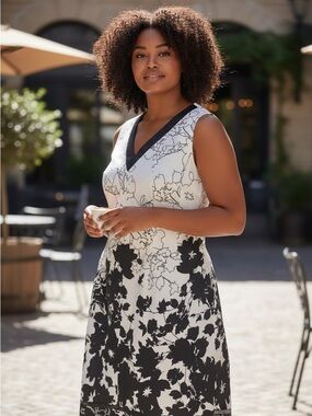 MICHEL STUDIO Black & White Floral V-Neck Shift Dress size 8